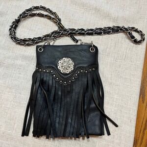 Black Faux‎ Leather Fringed Rhinestone Studded Chain Shoulder Bag The Chic Bag